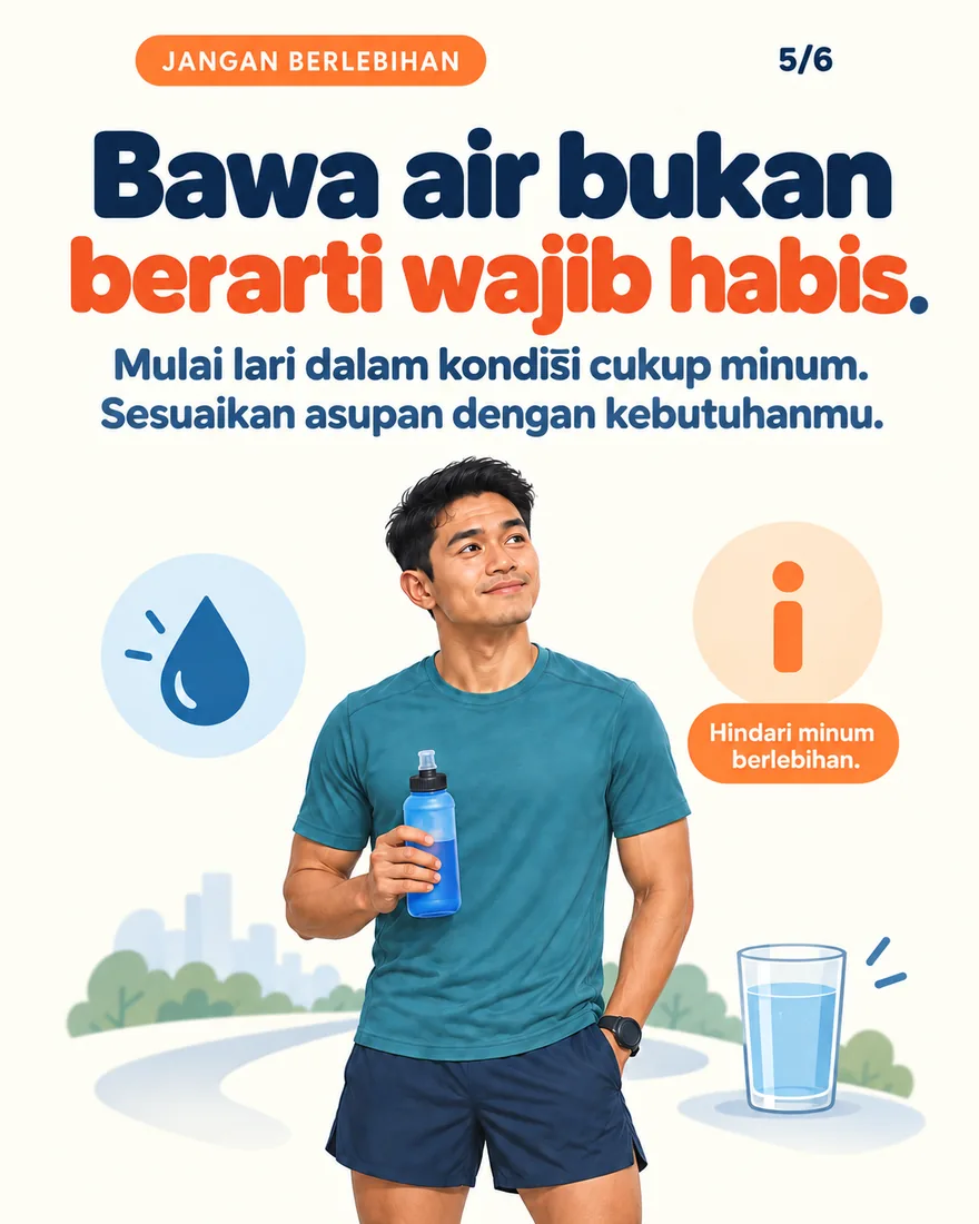 Pelari dengan soft flask dan catatan hindari minum berlebihan
