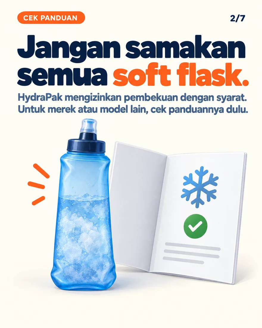 Soft flask berisi es di samping buku panduan
