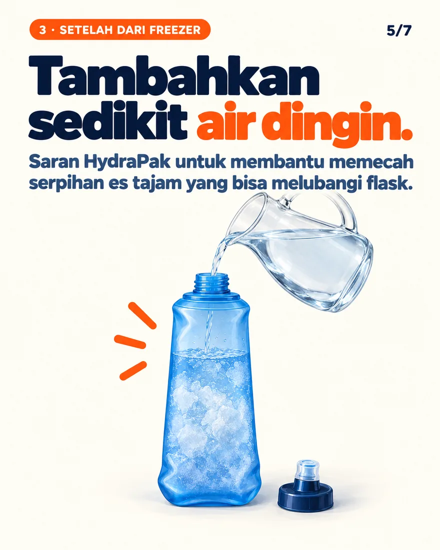 Air dingin dituang ke soft flask berisi es