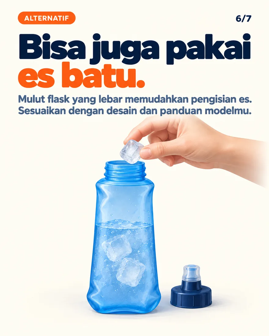 Es batu dimasukkan ke soft flask bermulut lebar