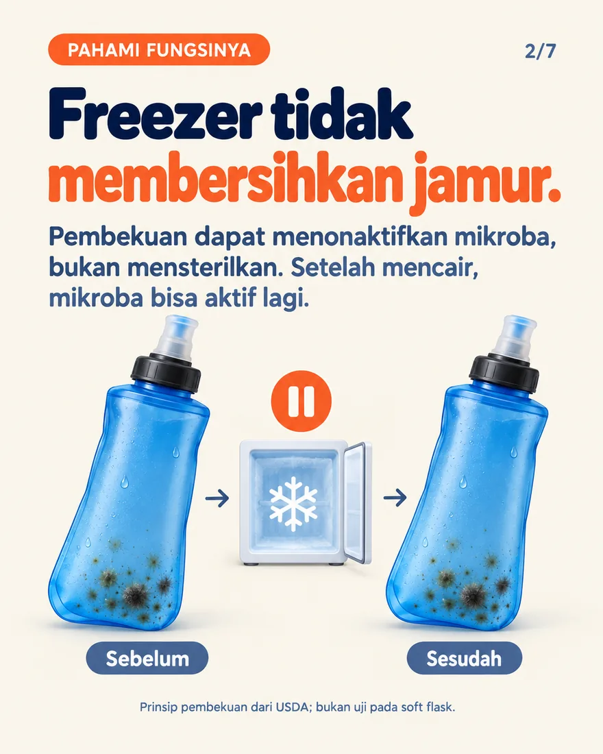 Soft flask berjamur sebelum dan sesudah masuk freezer, bintik tetap ada