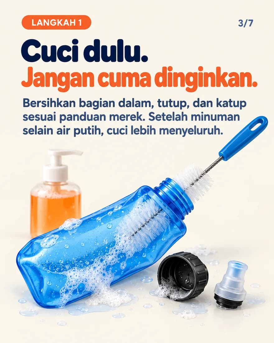 Soft flask dicuci dengan sabun dan sikat botol, tutup dilepas