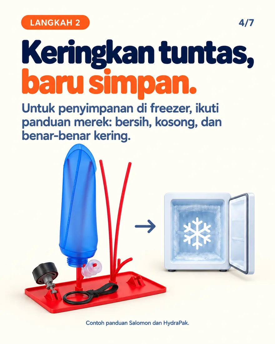 Soft flask dikeringkan terbalik di stand sebelum masuk freezer