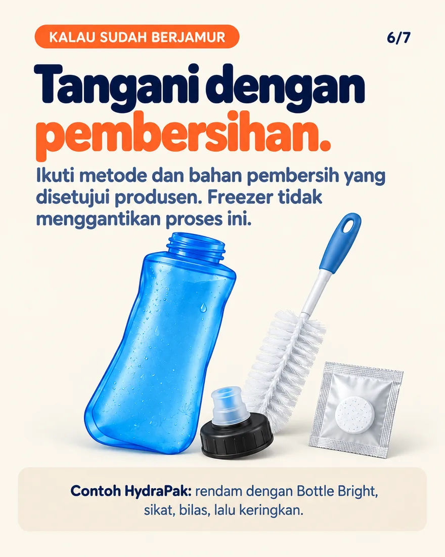Soft flask, sikat botol, dan tablet pembersih