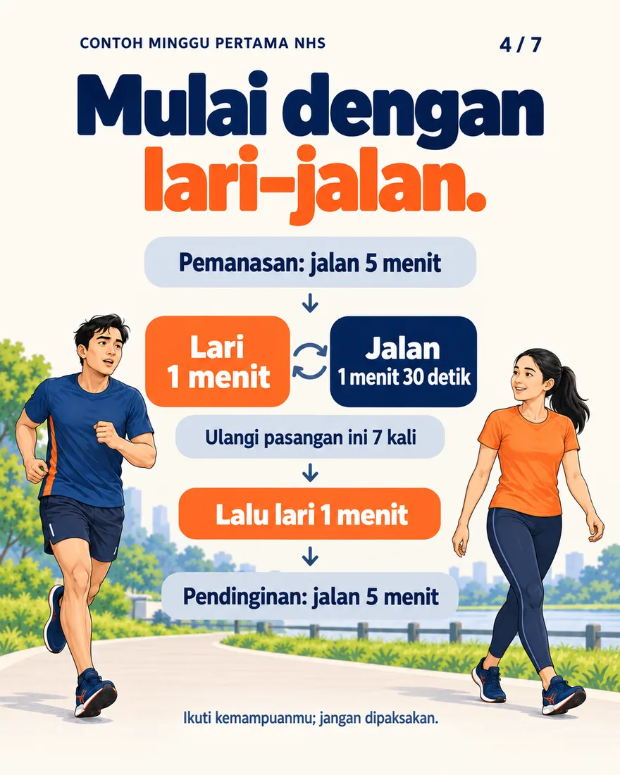 Urutan sesi minggu pertama: jalan, lari-jalan 7 kali, lari, jalan
