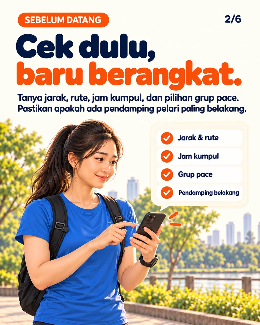 Checklist jarak, rute, jam kumpul, grup pace, pendamping belakang