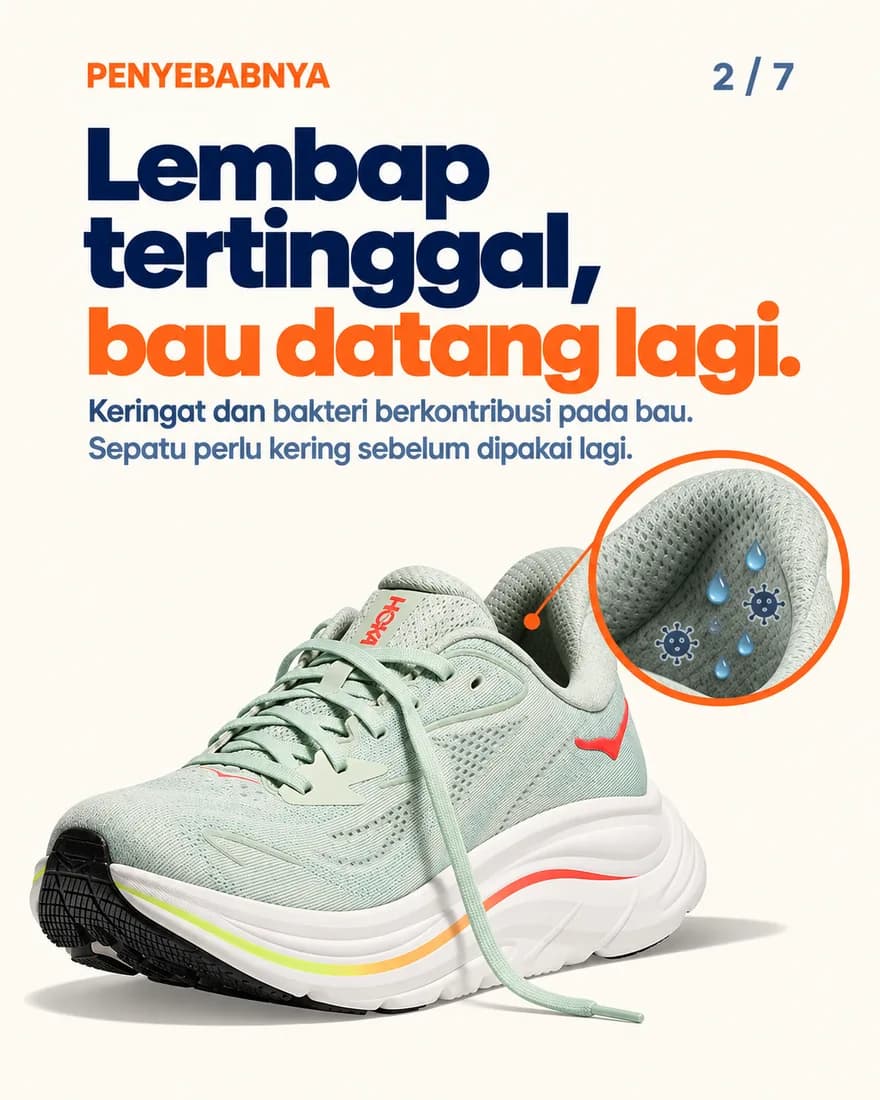 Bagian dalam sepatu lari yang lembap dengan keringat dan bakteri