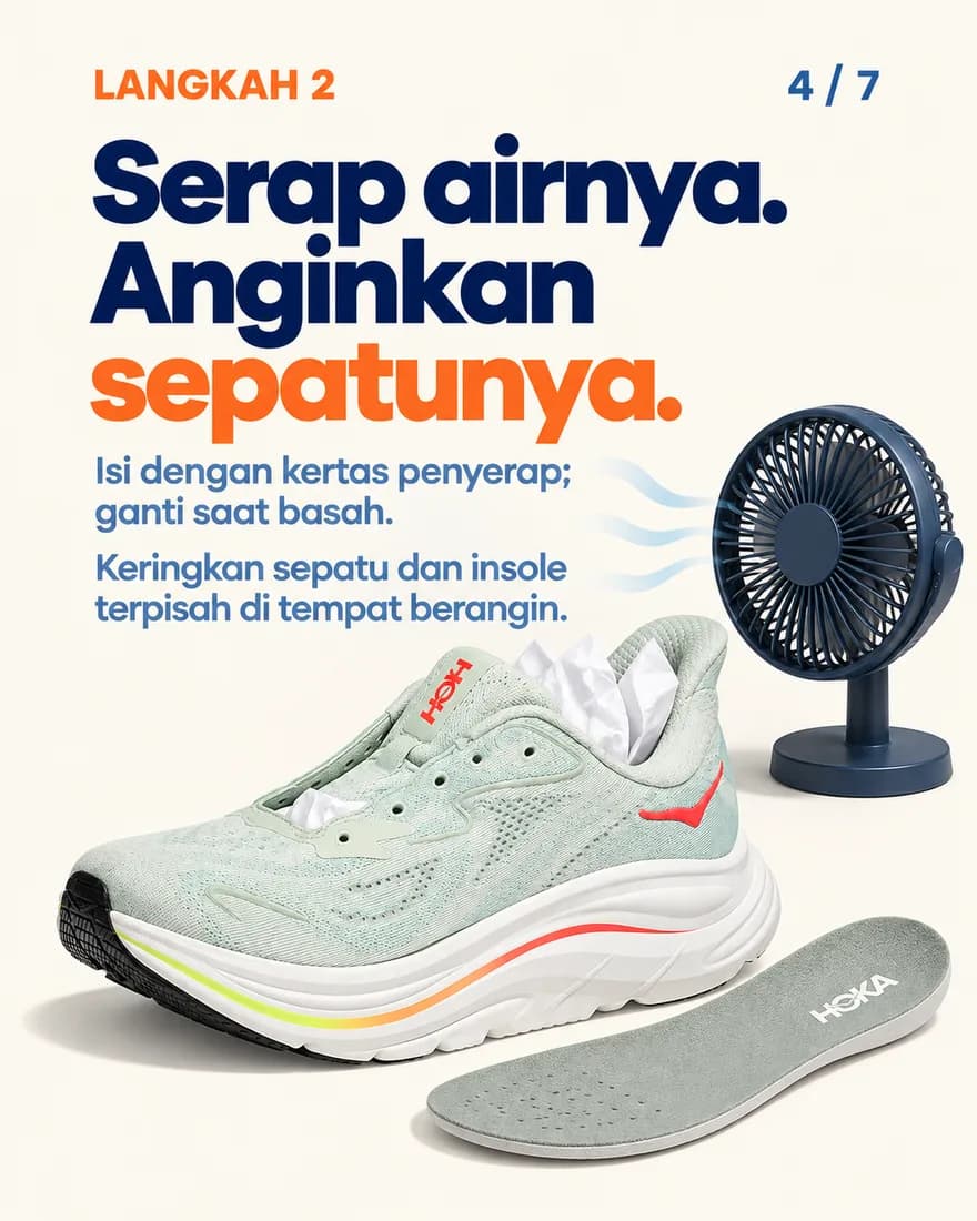 Sepatu berisi kertas penyerap dikeringkan di depan kipas, insole terpisah