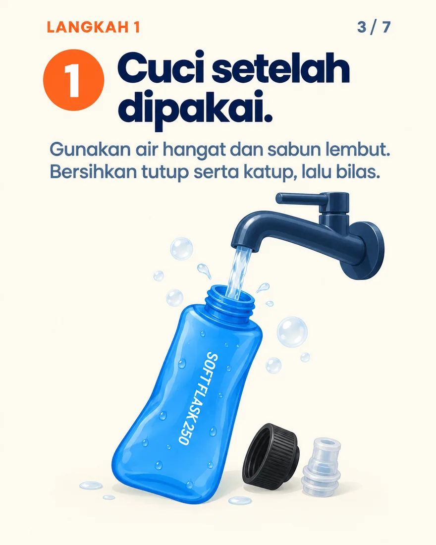 Mencuci soft flask dengan air hangat dan sabun, tutup dilepas