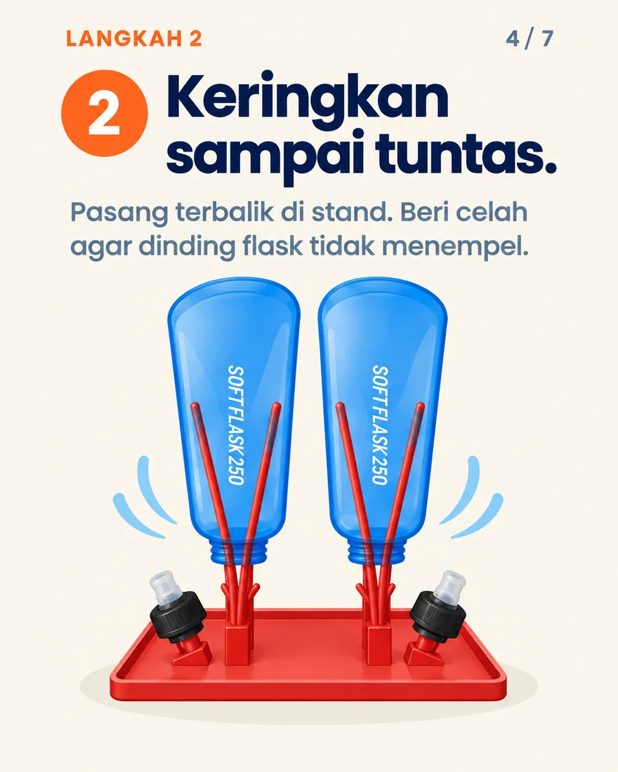 Soft flask dikeringkan terbalik di stand pengering