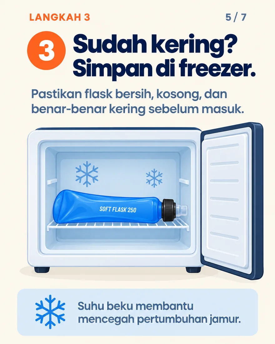 Soft flask kering disimpan di dalam freezer