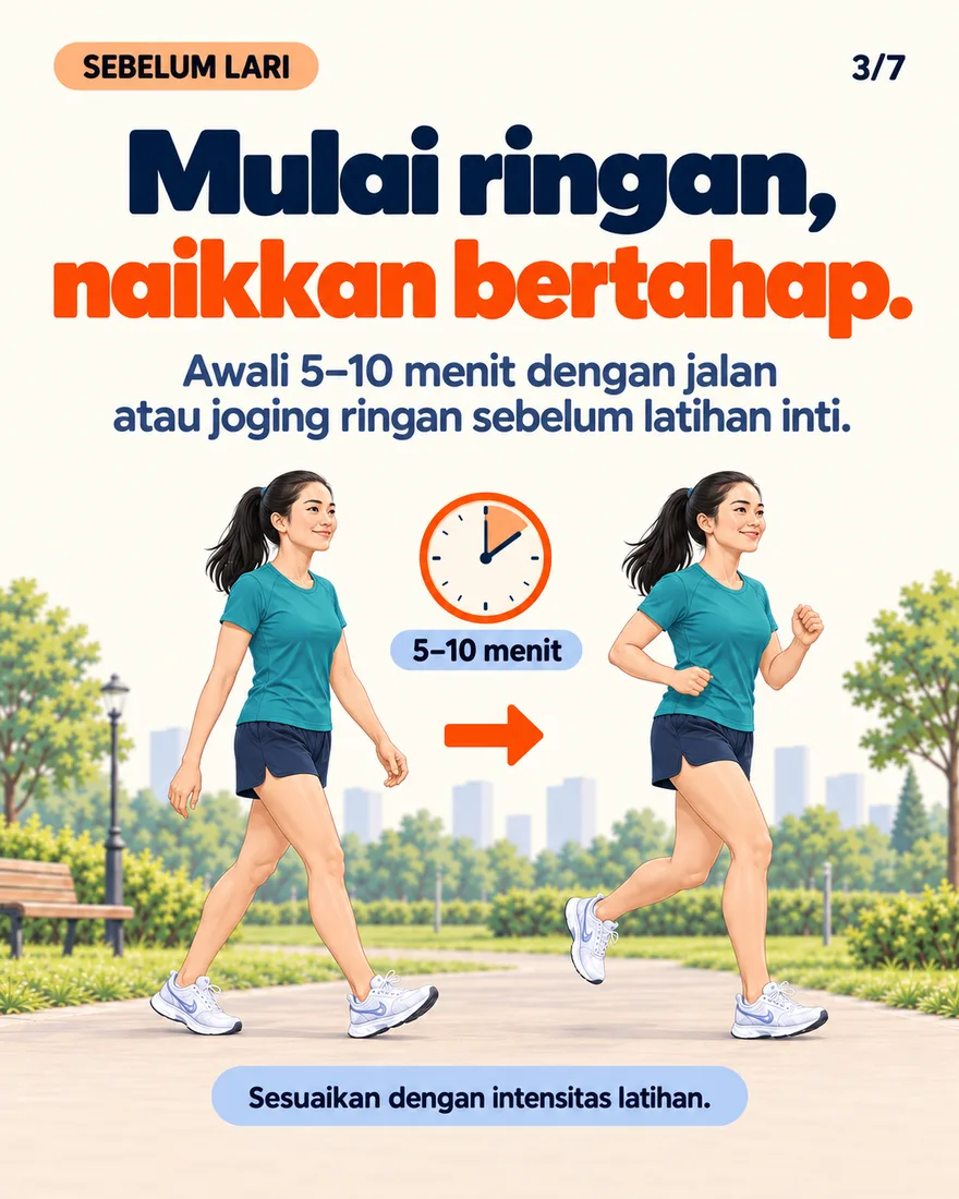 Pelari mulai berjalan lalu joging ringan selama 5 sampai 10 menit